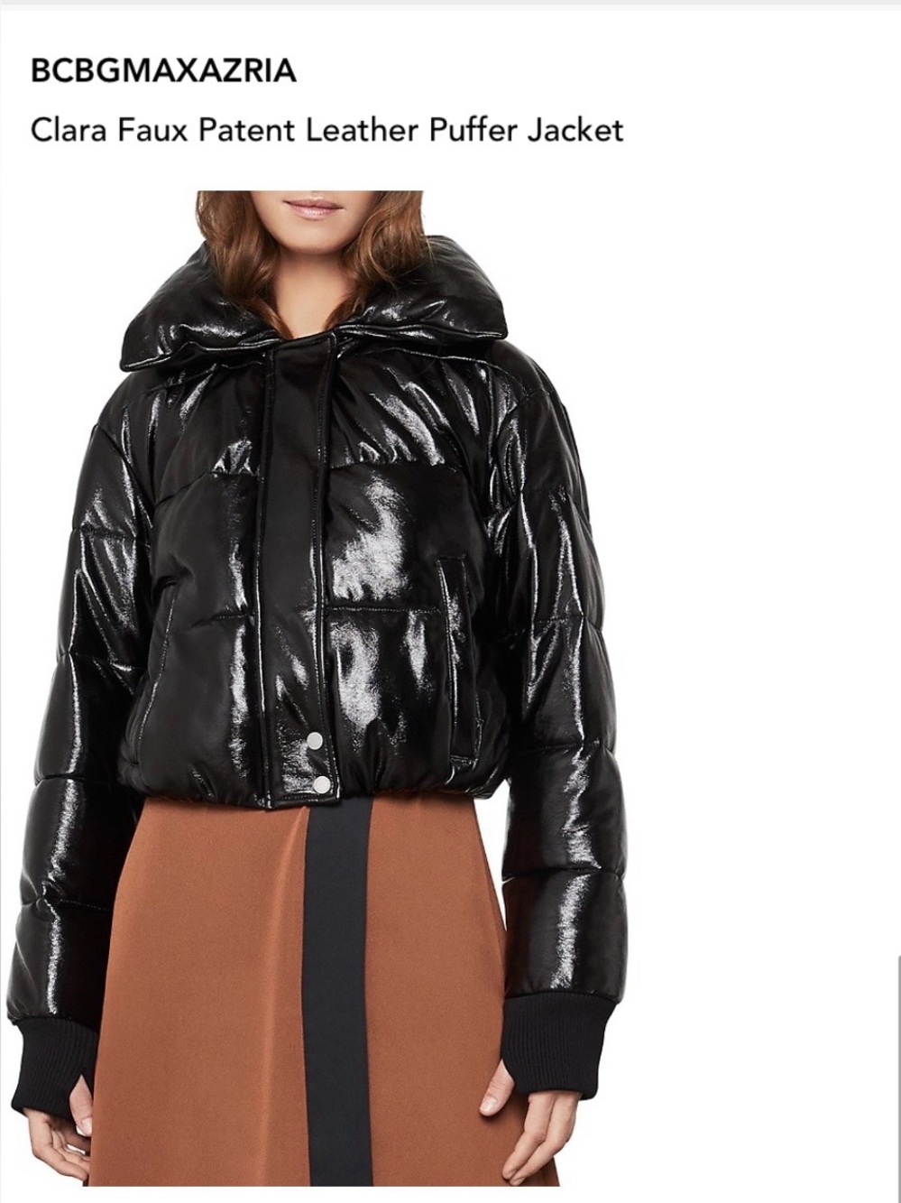 BCBGMAXAZRIA Clara Black Faux Patent Leather Cropped Puffer Jacket XS
